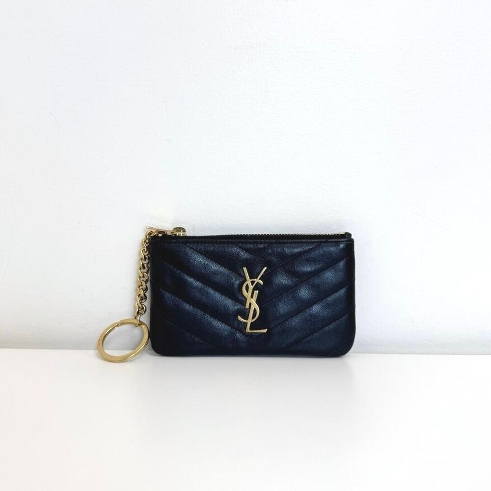 SAINT LAURENT Cassandre YSL Black Leather Gold Chevron Quilted Key Pouch Wallet